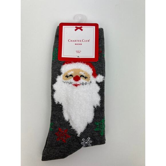Charter Club Women's Holiday Crew Socks - Santa and Snowflakes on Grey Socks - Picture 1 of 6